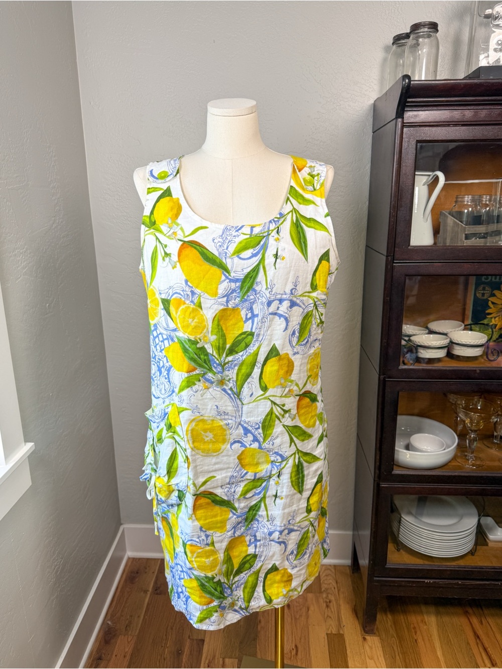 Carré Noir Linen Italian Lemon Print Shift Dress Yellow Button Pocket Size XL